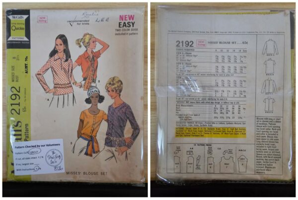 Pattern: Vintage McCalls #2192 Ladies Blouse Set. (Size 8)